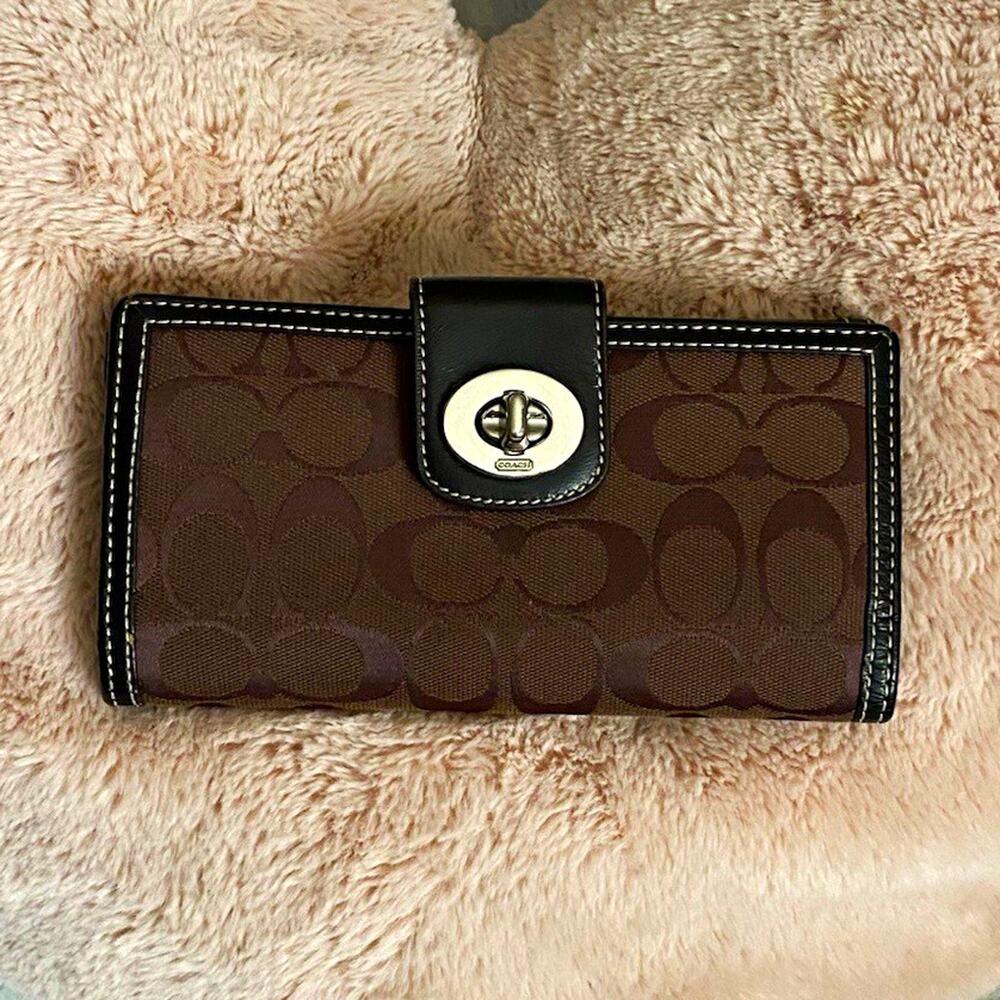Vtg Coach Signature Logo Turnlock Flap WomenWallet Brown Credit Card Y2K